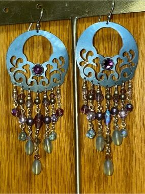 Holly Yashi Blue Filigree Teardrop Chandelier Earrings with Purple Accents
